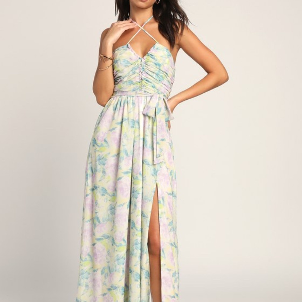 Lulus Effortlessly Abloom Green Multi Floral Ruched Halter Maxi Dress - Size XL